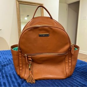 Lily Jade Anna Brown Leather Backpack Diaper Bag, Turquoise Lining Gold Hardware